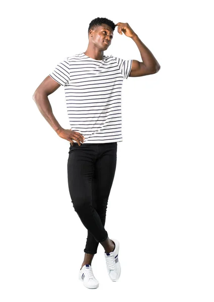 Full Body Dark Skinned Man Striped Shirt Having Doubts Confuse — Stock Photo, Image