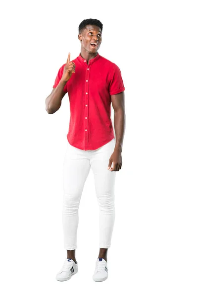 Full Body Young African American Man Standing Thinking Idea Pointing — Stock Photo, Image