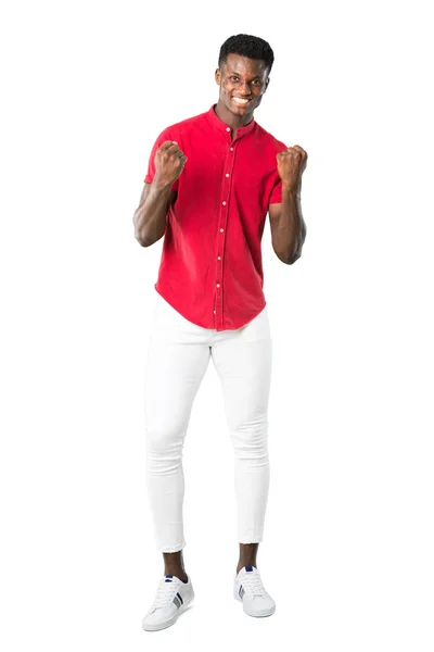 Full Body Young African American Man Celebrating Victory Happy Having — Stock Photo, Image