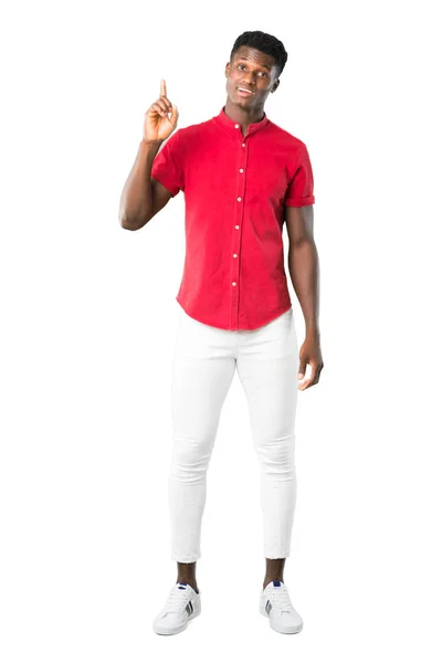 Hela Kroppen Unga Afroamerikanska Man Tänker Inser Lösningen Samtidigt Lyfta — Stockfoto