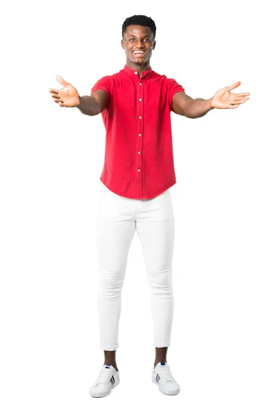 Full Body Young African American Man Presenting Inviting Come Hand — Stock Photo, Image