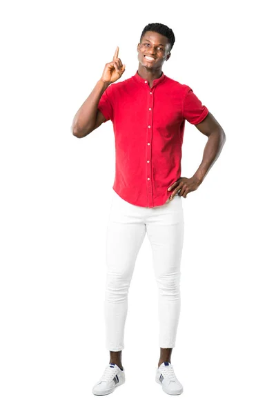 Całe Ciało Młodego Człowieka African American Wyświetlono Podnoszenia Palca Znak — Zdjęcie stockowe
