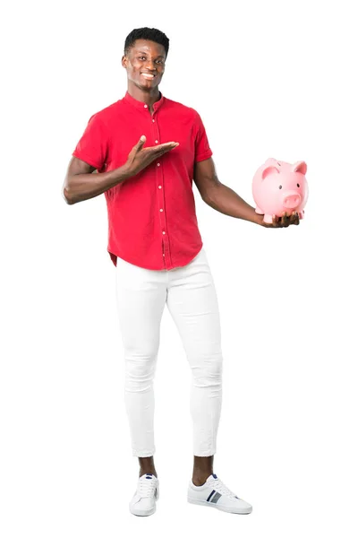 Full Body Young African American Man Holding Big Piggybank White — Stock Photo, Image