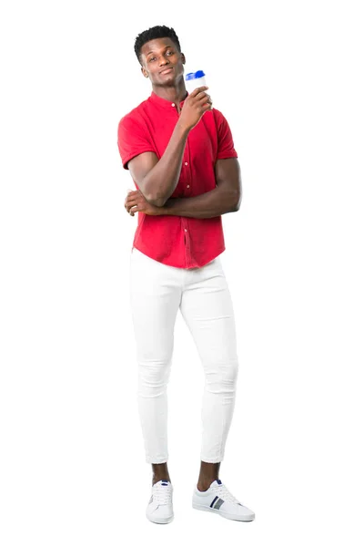 Повне Тіло Молодий Афроамериканець Людиною Приймаючи Кави Винос Паперовий Стаканчик — стокове фото