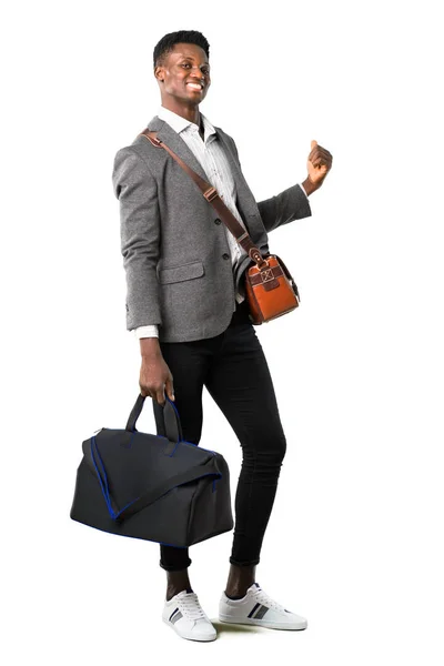 Full Body African American Business Man Traveling Suitcases Pointing Back — Stock Photo, Image