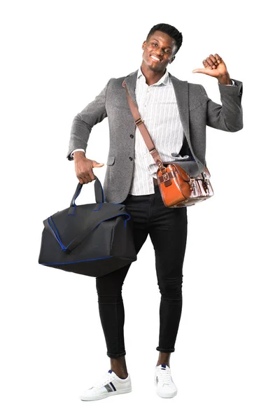 Full Body African American Business Man Traveling Suitcases Proud Self — Stock Photo, Image