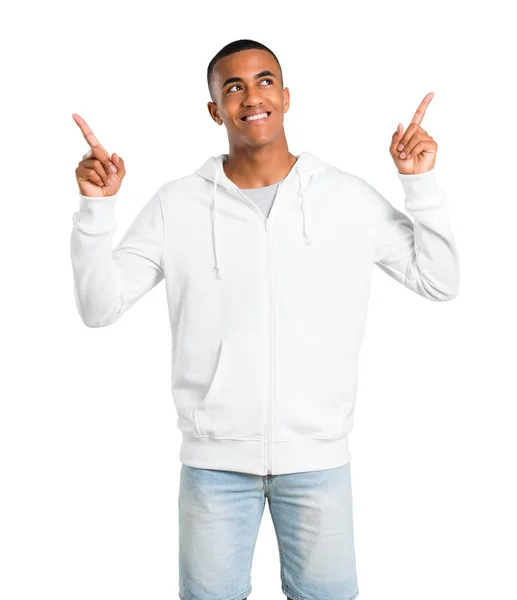 Jeune Homme Peau Foncée Avec Sweat Shirt Blanc Pointant Avec — Photo