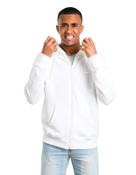 Dark Skinned Young Man White Sweatshirt Annoyed Angry Furious Gesture — Stock Photo, Image