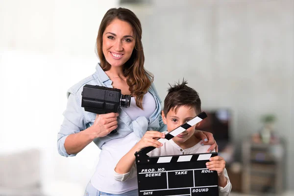 Mother Daughter Holding Clapperboard House — Stock Photo, Image