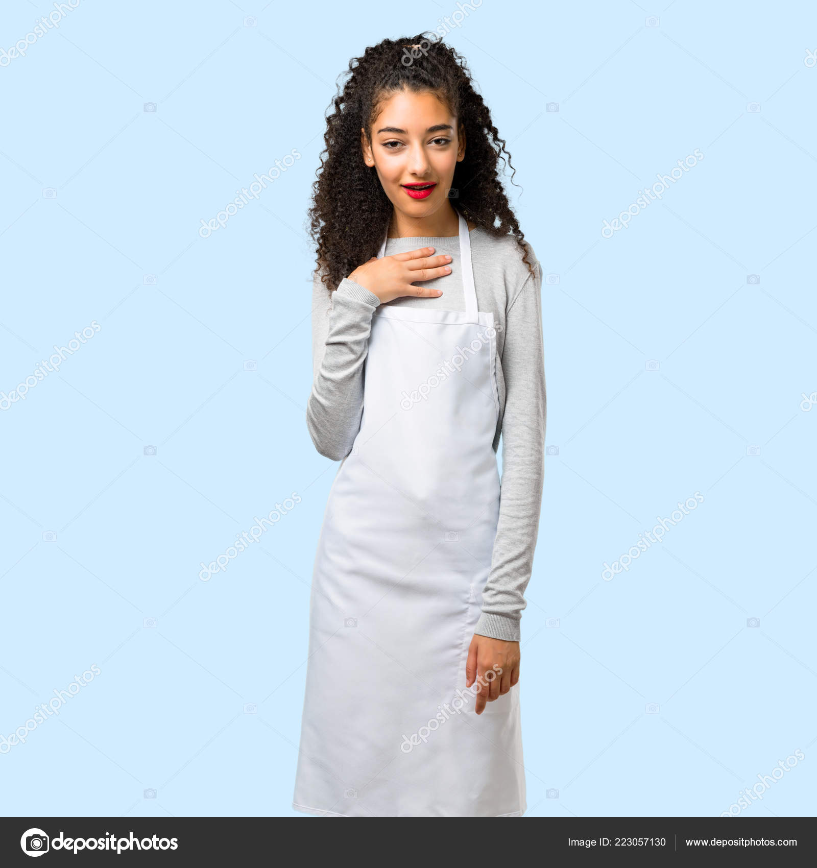 Young Girl Apron Surprised Shocked While Looking Right Expressive