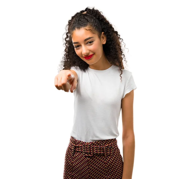 Young Girl Curly Hair Points Finger You Confident Expression White — Stock Photo, Image