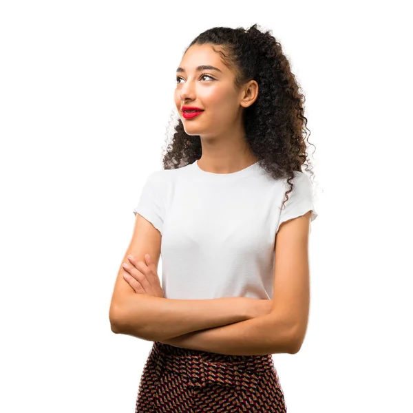 Jeune Fille Aux Cheveux Bouclés Debout Levant Les Yeux Tout — Photo