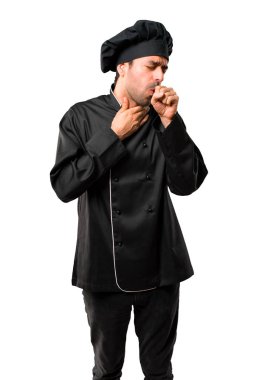 Siyah üniformalı erkeklere şef ile öksürük acı ve izole beyaz arka plan üzerinde kötü hissediyor