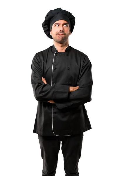 Chef Hombre Uniforme Negro Que Tiene Dudas Con Expresión Cara — Foto de Stock