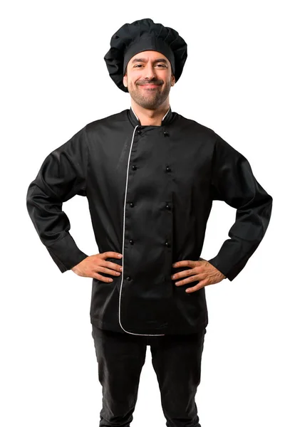 Chef Hombre Uniforme Negro Posando Con Los Brazos Cadera Riendo —  Fotos de Stock