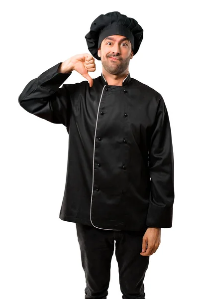 Chef Hombre Uniforme Negro Mostrando Pulgar Hacia Abajo Signo Con —  Fotos de Stock