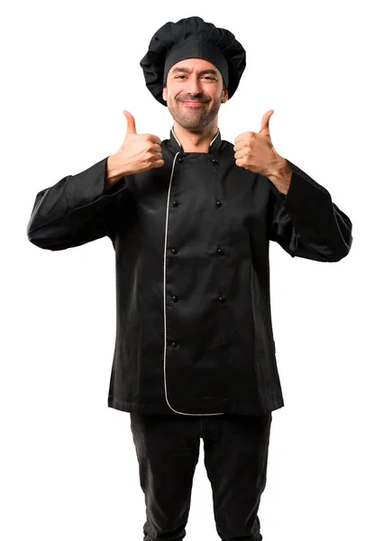 Chef Hombre Uniforme Negro Dando Gesto Hacia Arriba Pulgares Sonriendo — Foto de Stock