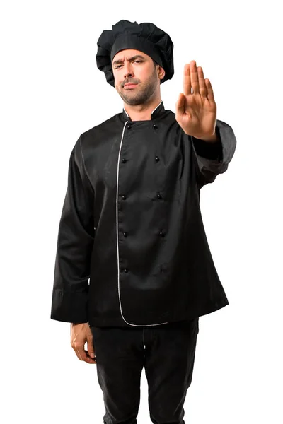 Chef Hombre Uniforme Negro Haciendo Gesto Stop Con Mano Negando —  Fotos de Stock