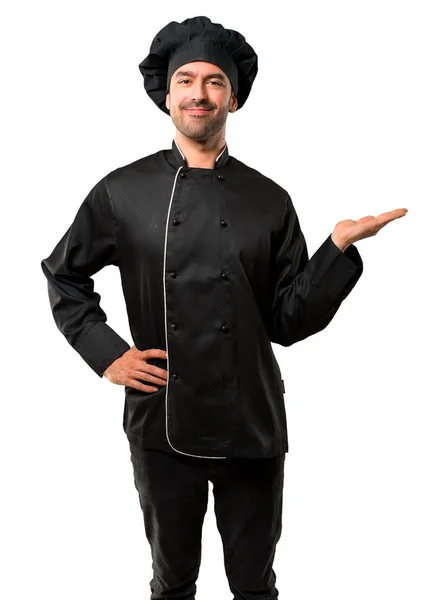Man Van Chef Kok Zwart Uniform Copyspace Imaginaire Houden Palm — Stockfoto