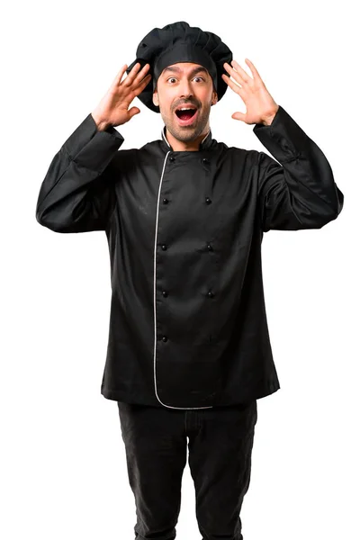 Chef Hombre Uniforme Negro Con Sorpresa Expresión Facial Impactada Abierto — Foto de Stock