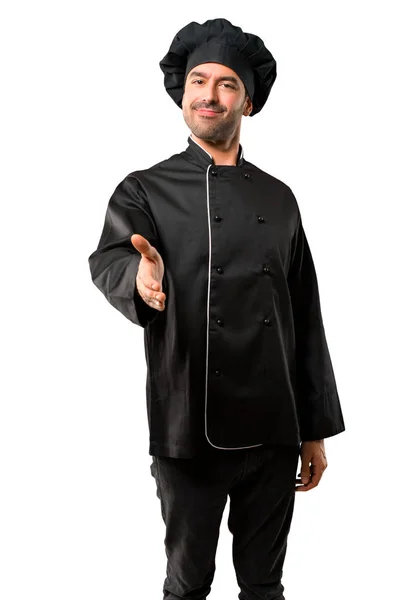 Chef Homem Preto Uniforme Apertando Mãos Para Fechar Bom Negócio — Fotografia de Stock