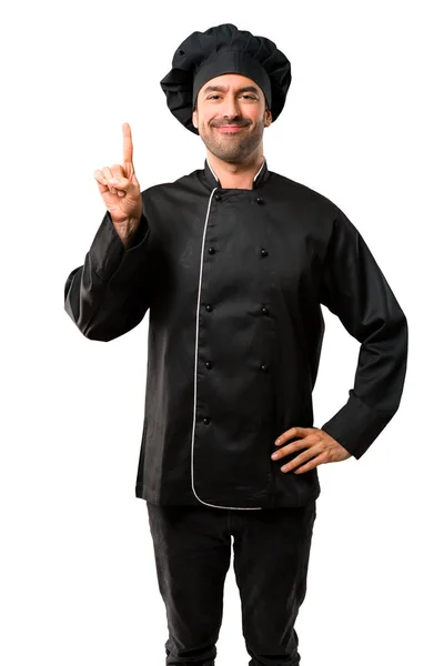 Chef Hombre Uniforme Negro Mostrando Levantando Dedo Señal Mejor Sobre —  Fotos de Stock