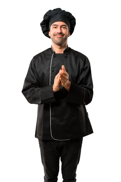 Chef Man Black Uniform Applauding Presentation Conference Isolated White Background — Stock Photo, Image
