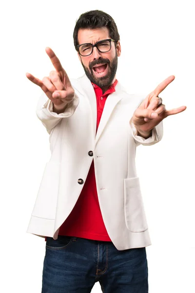 Brunette Man Glasses Making Rock Gesture White Background — Stock Photo, Image