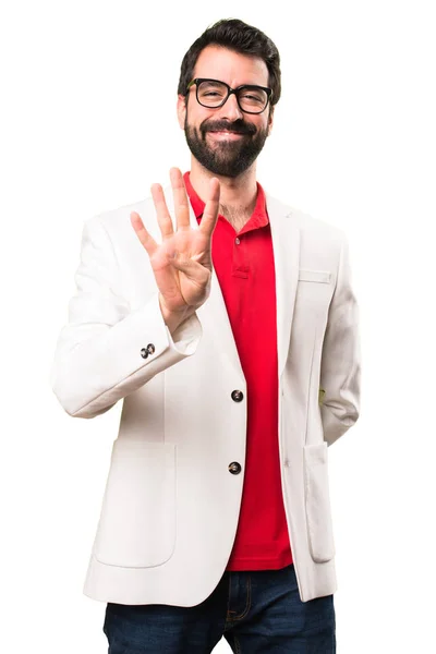 Hombre Morena Con Gafas Contando Cuatro Sobre Fondo Blanco — Foto de Stock