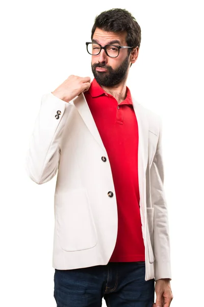 Hombre Morena Con Gafas Orgullosas Mismo Sobre Fondo Blanco — Foto de Stock