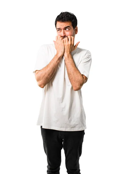 Young Man White Shirt Little Bit Nervous Scared Putting Hands — Stock Photo, Image