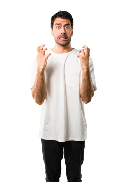 Young Man White Shirt Annoyed Angry Furious Gesture Negative Expression — Stock Photo, Image