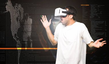 Sanal gerçeklik modu içinde yapım sürpriz jest VR kullanan adam gözlük
