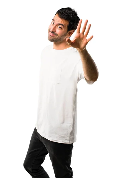 Young Man White Shirt Saluting Hand Happy Expression Isolated White — Stock Photo, Image