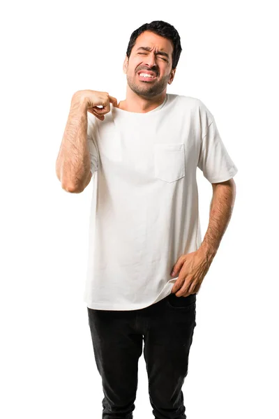 Young Man White Shirt Tired Sick Expression Isolated White Background — Stock Photo, Image