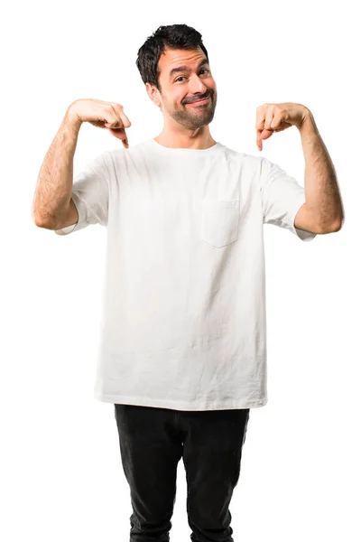 Young Man White Shirt Pointing Fingers Isolated White Background — Stock Photo, Image