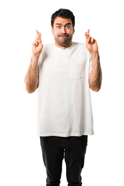 Young Man White Shirt Fingers Crossing Wishing Best Making Wish — Stock Photo, Image