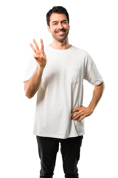 Young Man White Shirt Happy Counting Three Fingers Isolated White — Stock Photo, Image