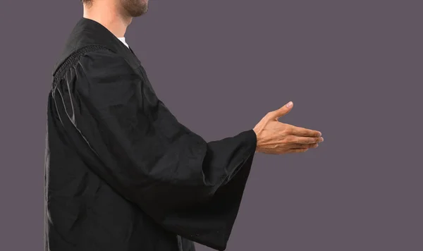 Man His Graduation Day University Handshaking Good Deal Violet Background — Stock Photo, Image