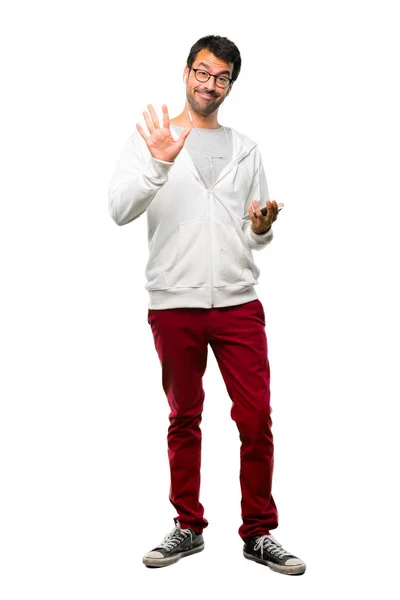 Full Body Man Glasses Listening Music Counting Five Fingers White — Stock Photo, Image