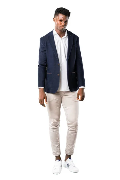 Hela Kroppen Stilig Afroamerikanska Man Klädd Jacka Med Ledsen Och — Stockfoto