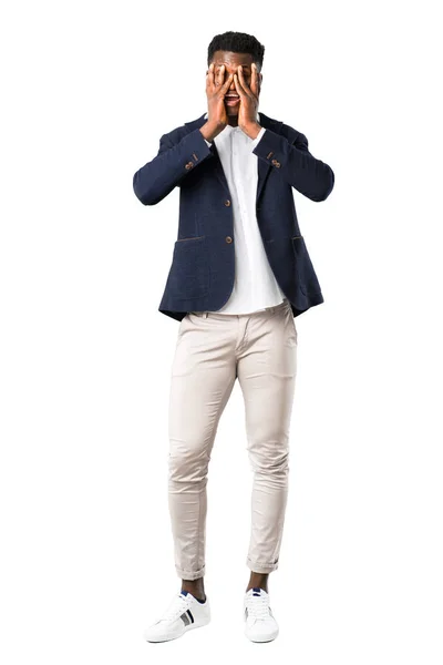 Teljes Test Csinos Afroamerikai Ember Visel Kabátot Meglepett Amely Arcát — Stock Fotó