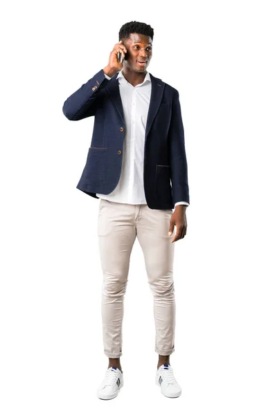 Full Body Handsome African American Man Wearing Jacket Talking Mobile — Stock Photo, Image