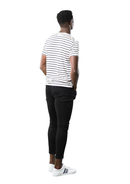 Full Body Dark Skinned Man Striped Shirt Looking Back White — Stock Photo, Image