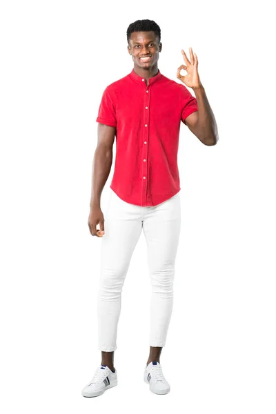 Full Body Young African American Man Showing Sign Fingers Face — Stock Photo, Image