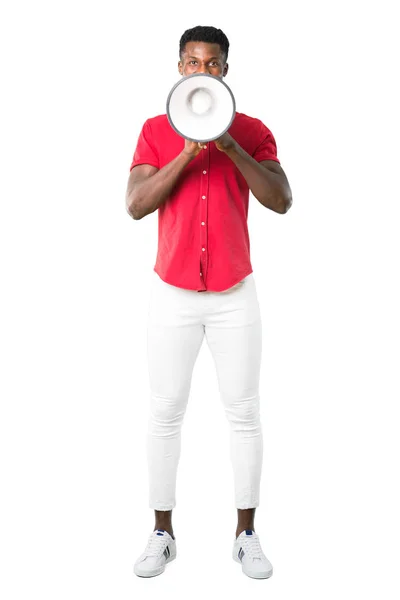 Teljes Test Afro Amerikai Fiatalember Egy Megafon Keresztül Kiabálva Jelentjük — Stock Fotó
