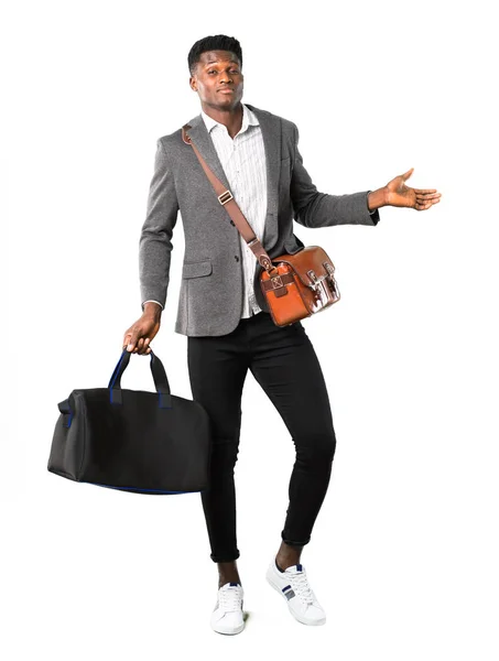 Corpo Inteiro Homem Negócios Afro Americano Viajando Com Malas Com — Fotografia de Stock