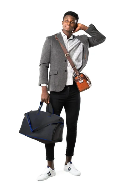 Full Body African American Business Man Traveling Suitcases Laughing White — Stock Photo, Image