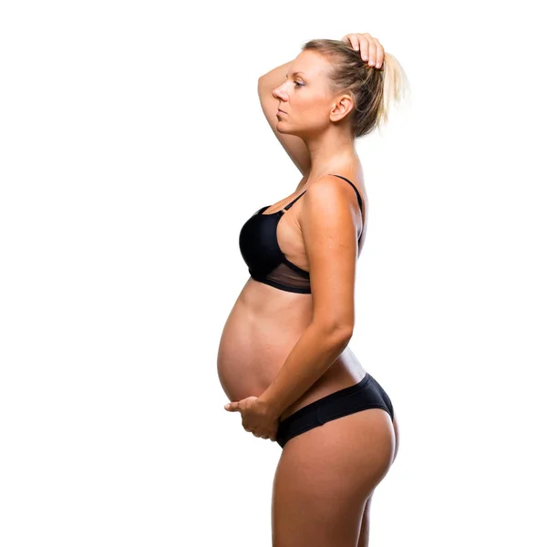 Blonde Femme Enceinte Sous Vêtements Sur Fond Blanc Isolé — Photo