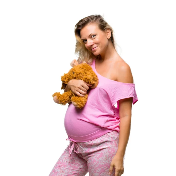 Mulher Grávida Pijama Com Bicho Pelúcia Fundo Branco Isolado — Fotografia de Stock